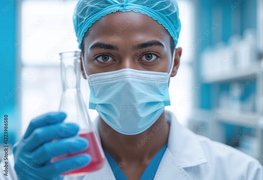 Male scientist of African descent in laboratory attire holds a flask with red liquid, exemplifying scientific research and concentration. Male scientist of African descent in laboratory attire holds a flask with red liquid, exemplifying scientific research and concentration.