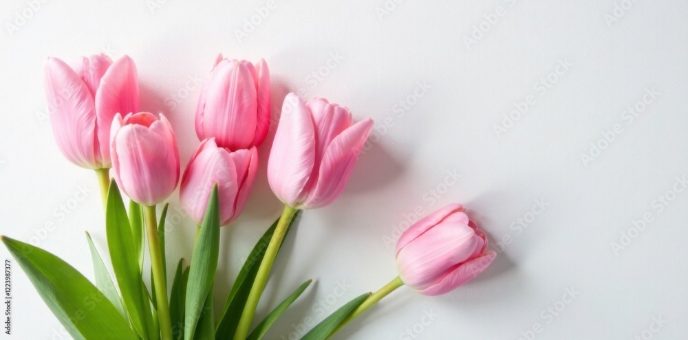 Soft pink tulips bloom on a crisp white canvas, Spring Bouquet, White Decor, Photography Soft pink tulips bloom on a crisp white canvas, Spring Bouquet, White Decor, Photography