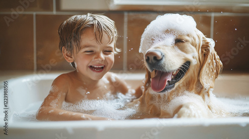 joyful boy takes bath with his dog, both covered in bubbles, in warm, sunlit bathroom