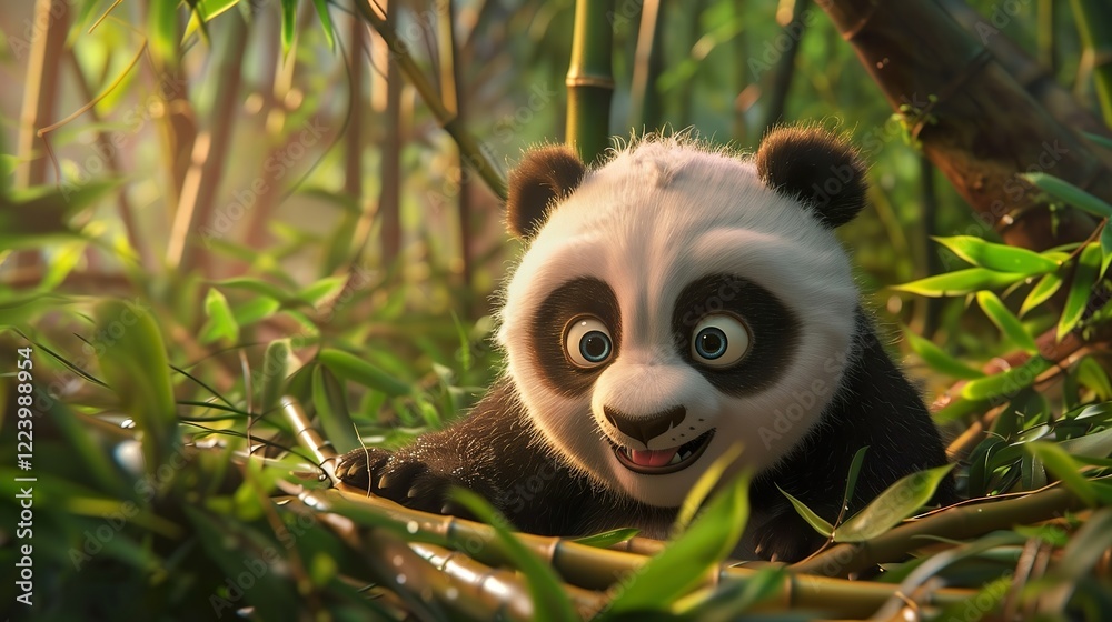 Obraz premium A fluffy baby panda sitting among bamboo leaves in the jungle