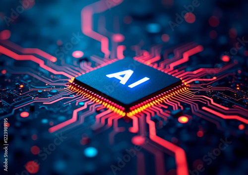 Concept high-resolution image of an AI chip, selective focus