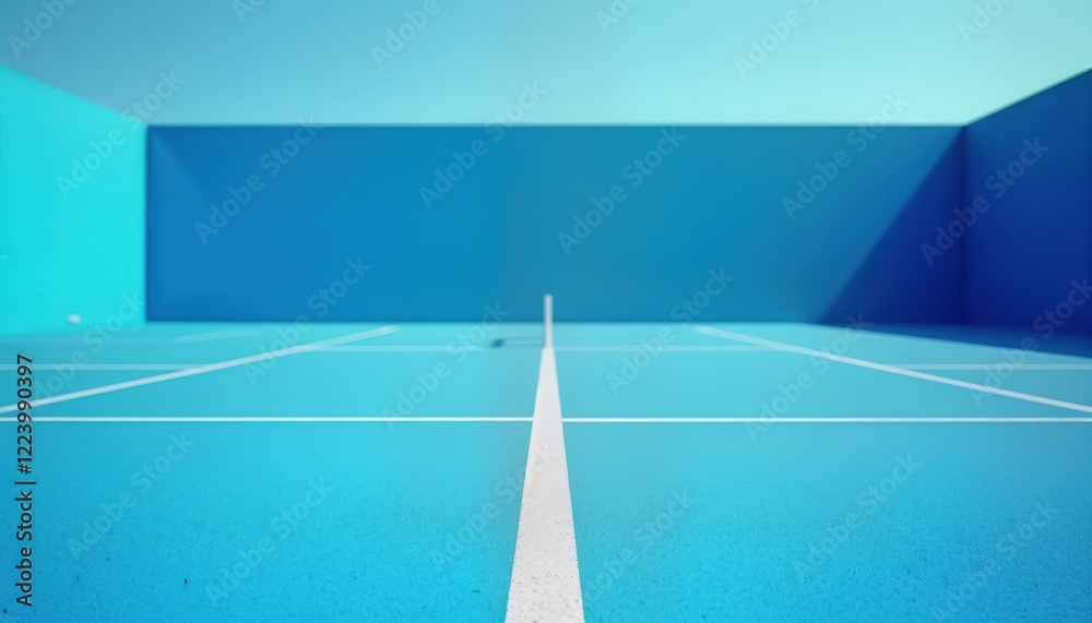 Obraz premium Minimalist tennis court arena with bright blue surface, white lines. Geometric design. Sporty, elegant backdrop. Sunny day. Suitable for game training. Active, healthy lifestyle. Clean, modern feel.