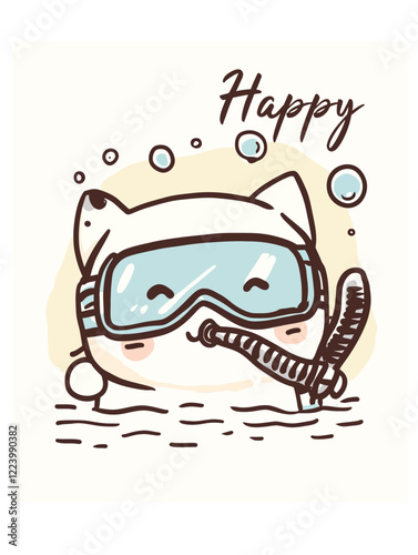 Cute Kawaii Cat Diver: Happy Underwater Illustration