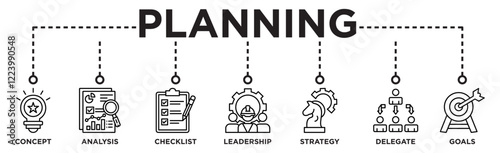Planning banner web icon vector illustration concept with icon of concept, analysis, checklist, leadership, strategy, delegate and goals