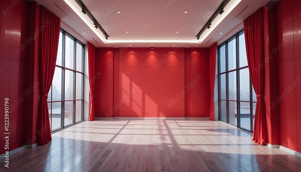 Fototapeta premium Red Room Interior Design With Large Windows And Curtains