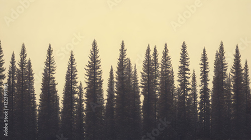 Silhouetted pines, hazy sky, tranquil forest