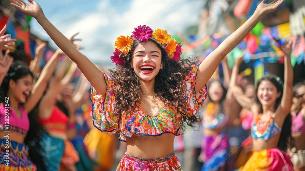 A joyful group of dancers in colorful outfits celebrating after a performance.