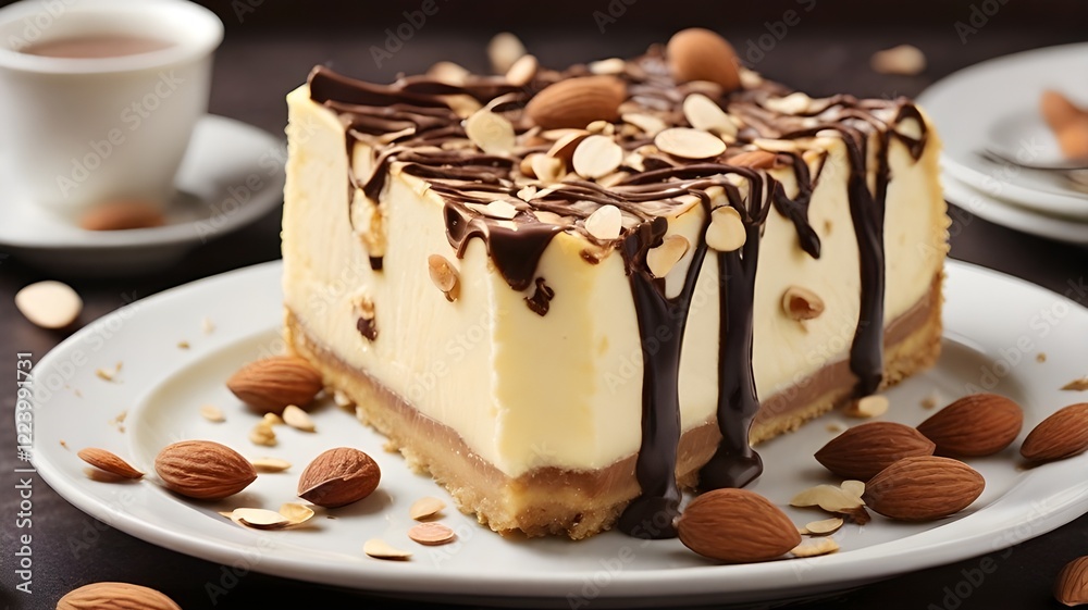 A decadent slice of creamy cheesecake, topped with a drizzle of rich chocolate and a sprinkle of crunchy almonds. A decadent slice of creamy cheesecake, topped with a drizzle of rich chocolate and a sprinkle of crunchy almonds.