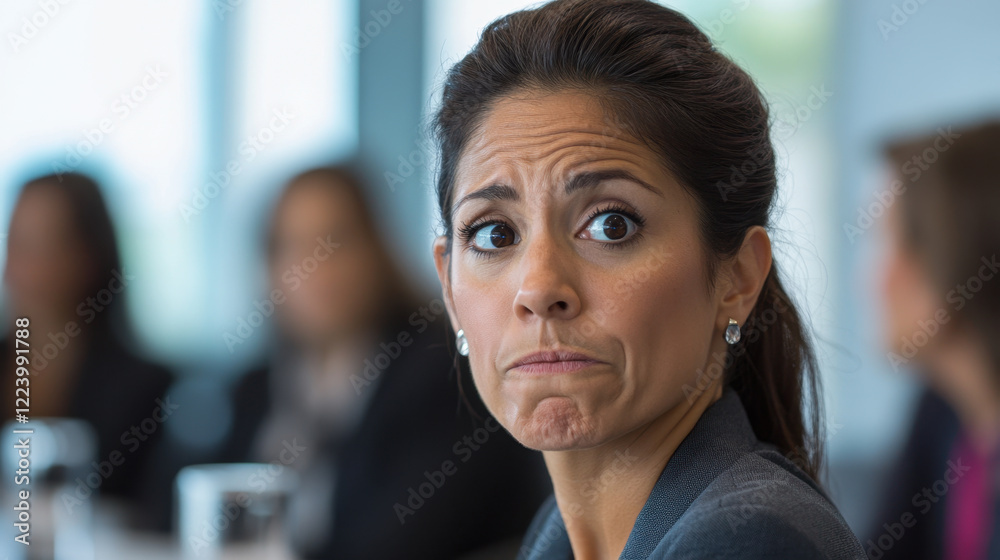 woman with concerned expression sits in meeting, showcasing her professional attire and engagement in discussion. Her thoughtful demeanor reflects seriousness of conversation woman with concerned expression sits in meeting, showcasing her professional attire and engagement in discussion. Her thoughtful demeanor reflects seriousness of conversation