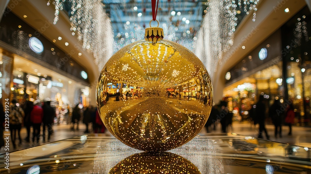 A large gold Christmas ornament displayed in a holiday shopping mall.