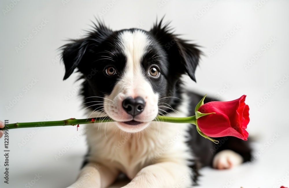Cute black, white puppy border collie holds red rose flower in mouth. Happy dog on Valentine Day gives gift. Photo shows puppy with love, humor. Adorable animal with present. Puppy looks romantic, Cute black, white puppy border collie holds red rose flower in mouth. Happy dog on Valentine Day gives gift. Photo shows puppy with love, humor. Adorable animal with present. Puppy looks romantic,