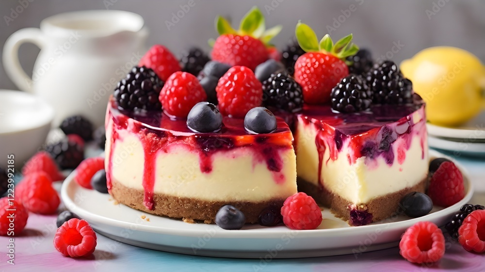 A colorful and vibrant cheesecake, bursting with fresh berries and a hint of zesty lemon. A colorful and vibrant cheesecake, bursting with fresh berries and a hint of zesty lemon.