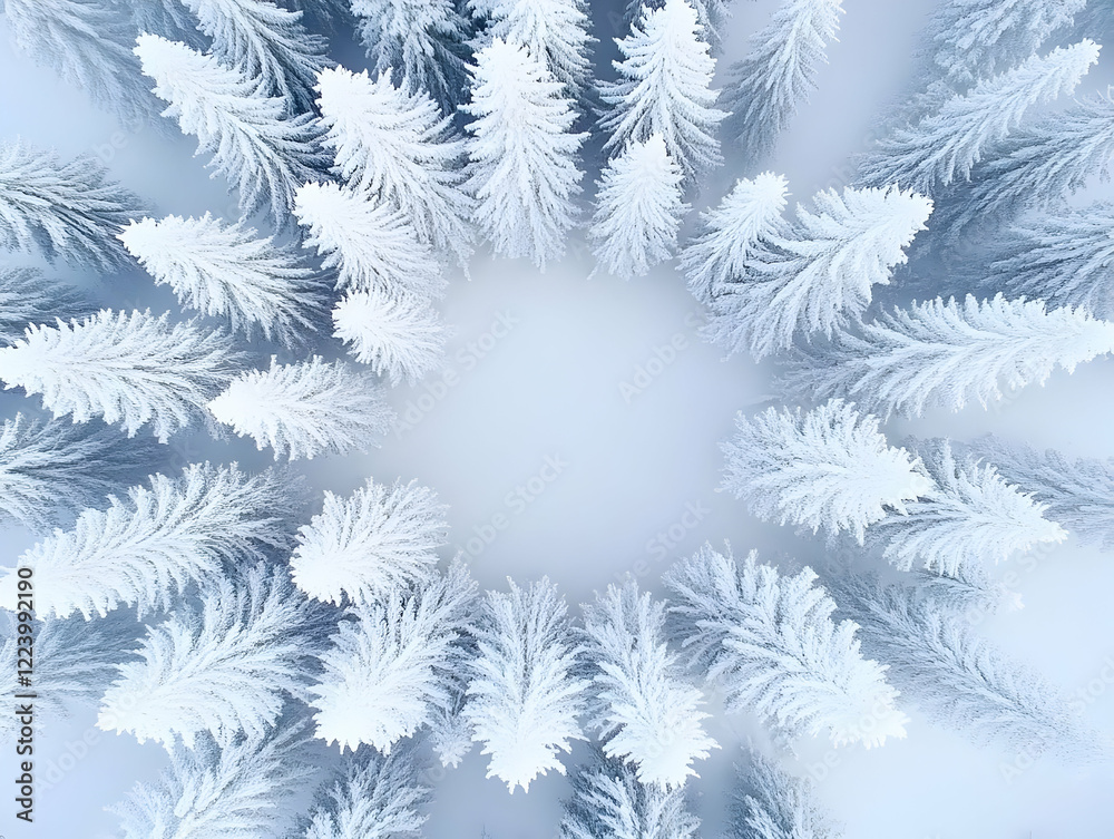 Snowy forest aerial view, winter wonderland, card design Snowy forest aerial view, winter wonderland, card design