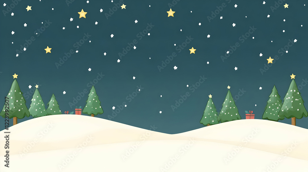 Fototapeta premium Snowy night, Christmas trees, gifts, starry sky; holiday card