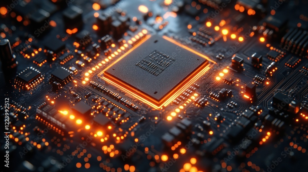 Close-up of Circuit Board with Microchips and Advanced Technology in Cyberpunk Style