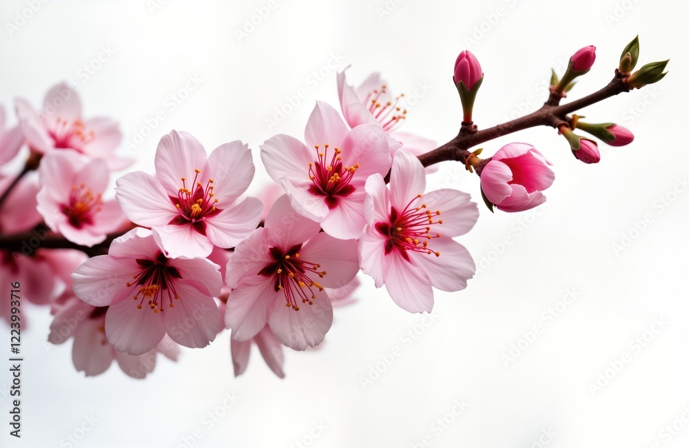 Obraz premium Close-up view of beautiful delicate pink cherry blossom flowers. Springtime blossoms on tree branch isolated against white background. Natural beauty, flora. Perfect for spring photo stock, greeting
