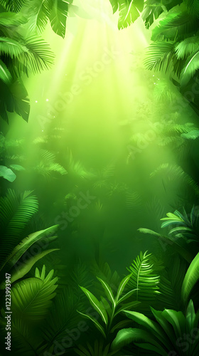 Sunbeams in lush jungle, vibrant green foliage, background for gaming photo