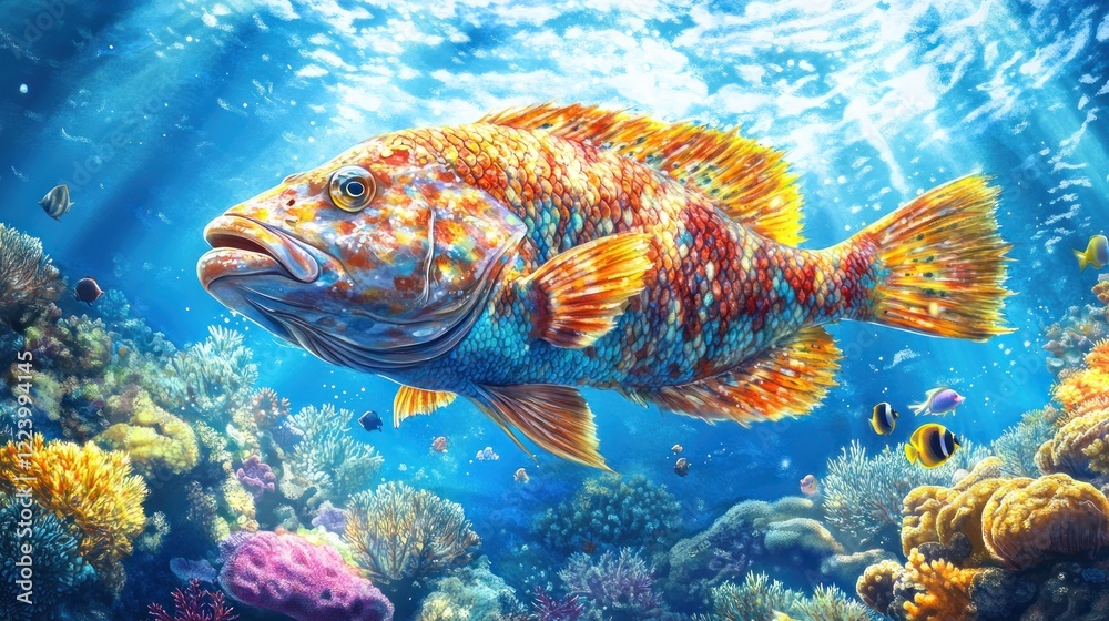 Fototapeta premium Vibrant coral reef fish swimming, sunlight, ocean