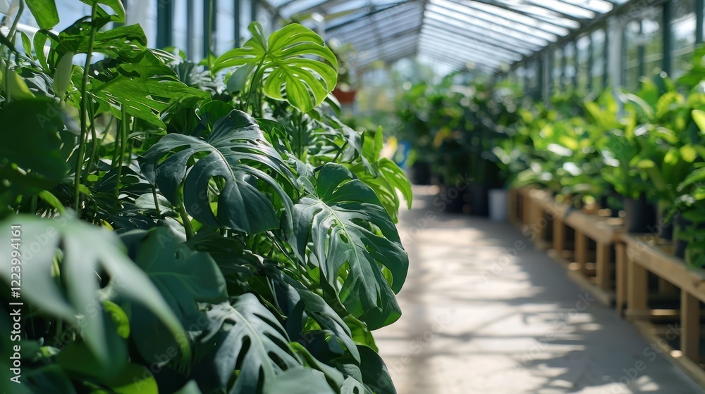 A lush, green plant growing steadily in a vibrant greenhouse environment.