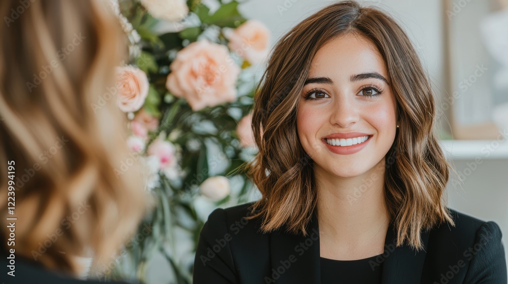 Smiling Young Woman in Business Attire During a Meeting Smiling Young Woman in Business Attire During a Meeting