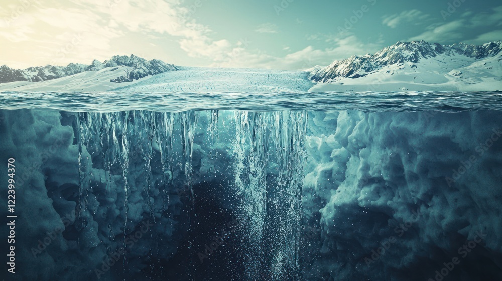 A melting glacier with water flowing into the ocean, representing rising temperatures.