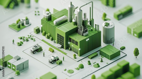 A green industrial plant with a green car and a truck in front of it