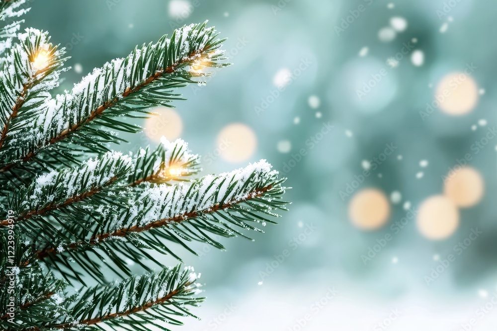 Snow Covered Pine Branch with Festive Lights and Bokeh Snow Covered Pine Branch with Festive Lights and Bokeh