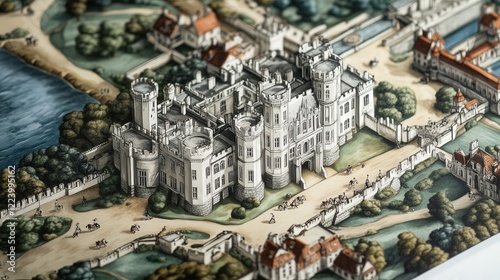 artistic illustrations of Leeds Castle architecture, highlighting its majestic castle building photo