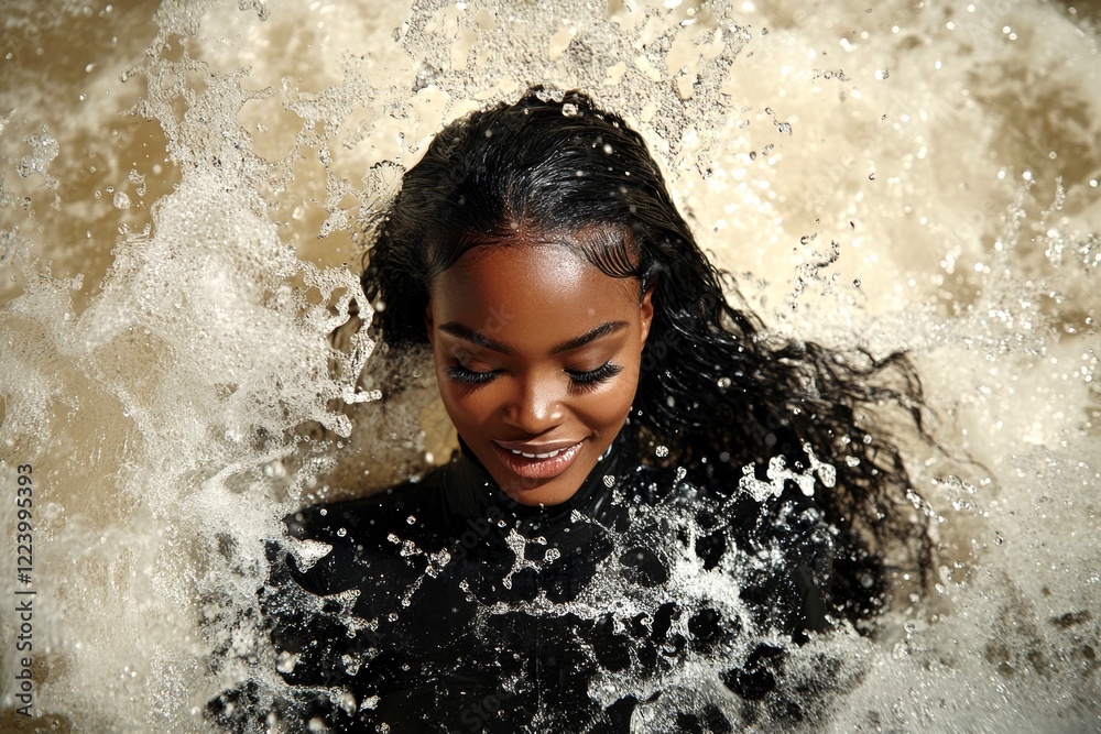 Fototapeta premium Commercial digital ads creative. Lovely happy black girl - for ads, media and social apps networks use. Long haircut - beach waves hair. Creative black hair advertising portraits.