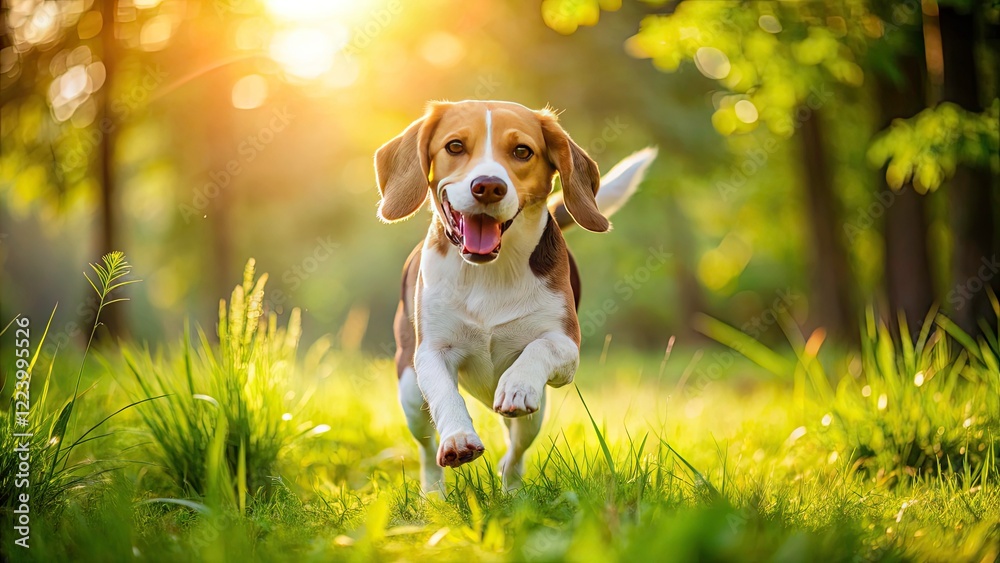 Beagle Meadow Run: Playful Dog Vitality, Agility Training, Forest Background Beagle Meadow Run: Playful Dog Vitality, Agility Training, Forest Background