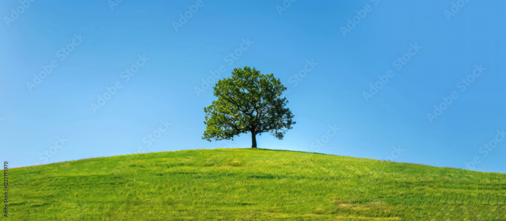 Fototapeta premium One tree on green grassy hill with blue sky background.