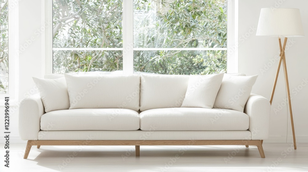 Fototapeta premium White sofa in bright living room, near window, sunlight, minimalist interior design, home decor