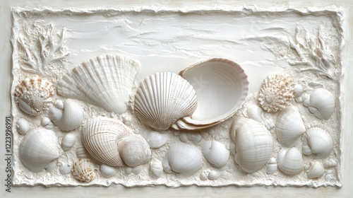 detailed view of a clam and surrounding beach seashells, emphasizing their natural elegance and the texture of these ocean finds photo