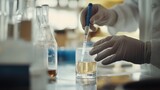 A scientist conducts an experiment, mixing liquids in a laboratory to analyze chemical reactions and properties.