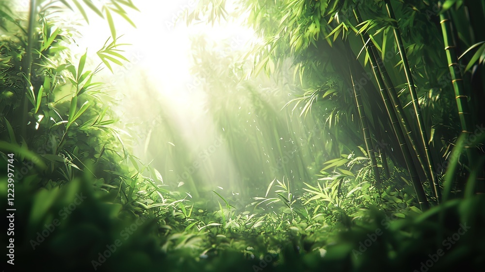 Sunbeams illuminate a lush bamboo forest, creating a mystical atmosphere. Sunbeams illuminate a lush bamboo forest, creating a mystical atmosphere.