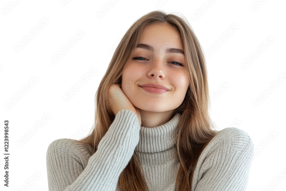 A cheerful young woman with long hair, wearing a cozy sweater, resting her chin on her hand, smiling brightly. Isolated on a white background. A cheerful young woman with long hair, wearing a cozy sweater, resting her chin on her hand, smiling brightly. Isolated on a white background.