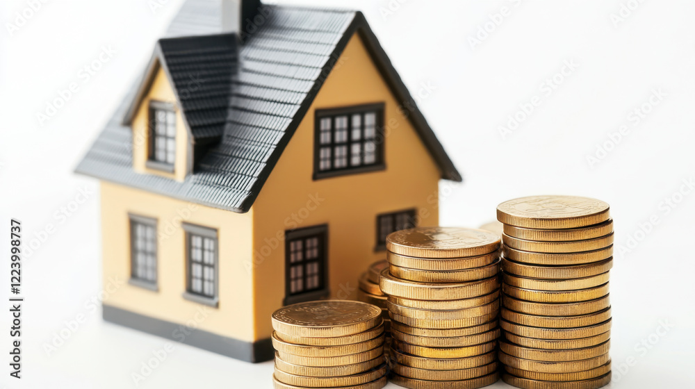 model house with stacks of coins symbolizes mortgage and financial planning. This represents concept of home ownership and investment model house with stacks of coins symbolizes mortgage and financial planning. This represents concept of home ownership and investment