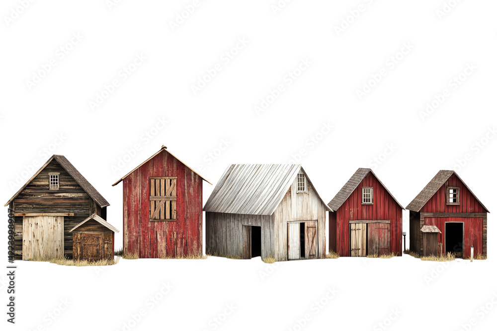 A collection of rustic barns in various sizes and styles, showcasing the charm of rural architecture on a white isolated background. A collection of rustic barns in various sizes and styles, showcasing the charm of rural architecture on a white isolated background.