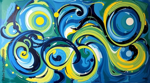 A dynamic abstract composition featuring swirling, interconnected forms in a vibrant palette of blues, greens, and yellows, rendered in a fluid, expressive style reminiscent of Kandinsky, with