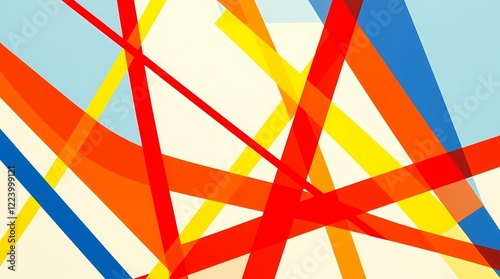 A geometric abstract image composed of intersecting sharp lines and bold primary colors, red, yellow, and blue, forming a complex yet balanced pattern, printed on high-quality matte paper usin photo