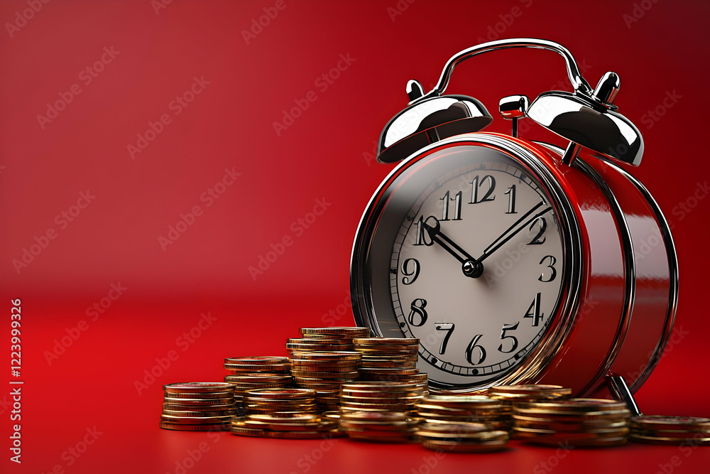 Red alarm clock beside gold coins on red background; time & money concept Red alarm clock beside gold coins on red background; time & money concept