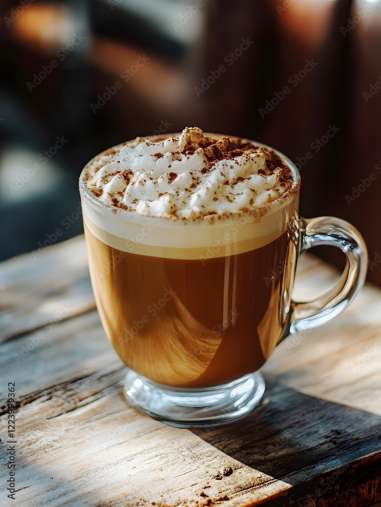Inviting Whipped Cream Topped Latte with Cinnamon Dusting in Sunlit Setting : Generative AI Inviting Whipped Cream Topped Latte with Cinnamon Dusting in Sunlit Setting : Generative AI