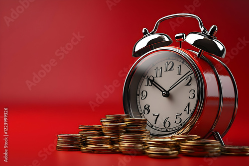 Red alarm clock beside gold coins on red background; time & money concept