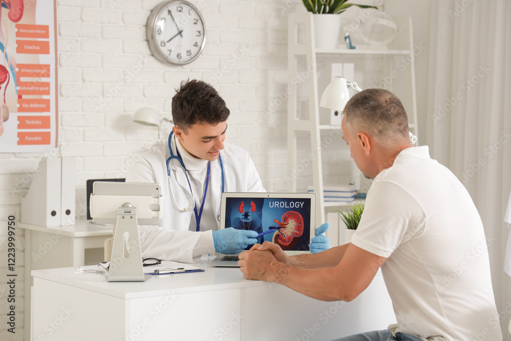 Fototapeta premium Young urologist working with laptop and mature man at table in office