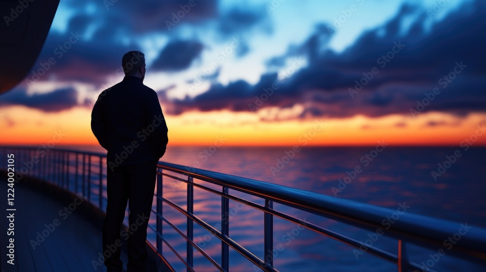 Fototapeta premium Silhouette of a Man at Sunset on a Cruise Ship