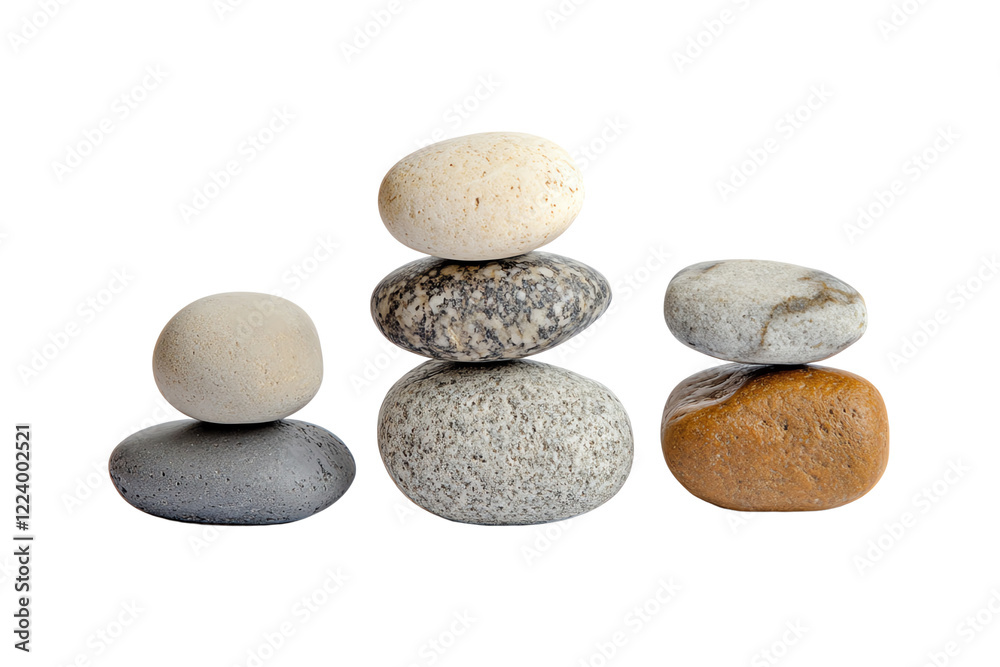A stack of smooth stones in varying colors and sizes, isolated on a white background, representing balance and tranquility. A stack of smooth stones in varying colors and sizes, isolated on a white background, representing balance and tranquility.