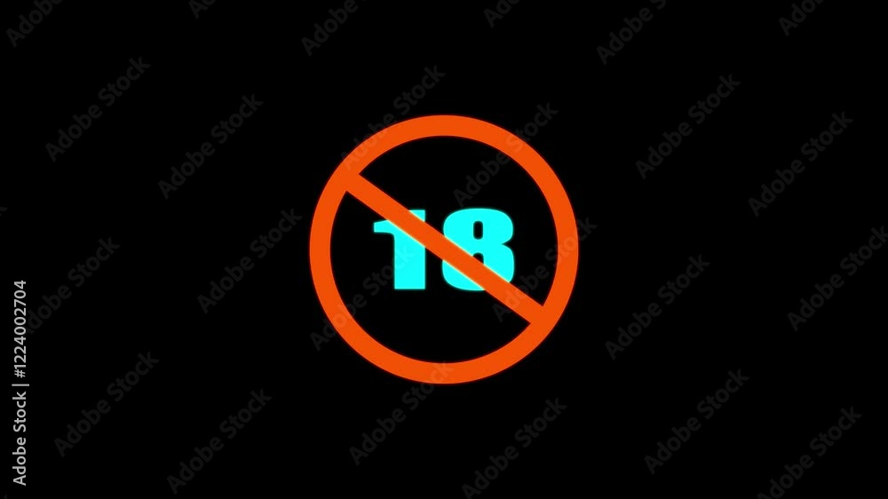 No under 18 sing icon animation on black background.18 not allowed icon. No under 18 sing icon animation.