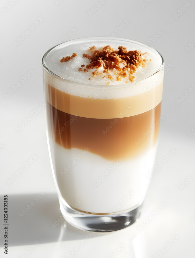 Layered Latte Macchiato with Frothy Milk and Brown Sugar on Light Background : Generative AI Layered Latte Macchiato with Frothy Milk and Brown Sugar on Light Background : Generative AI