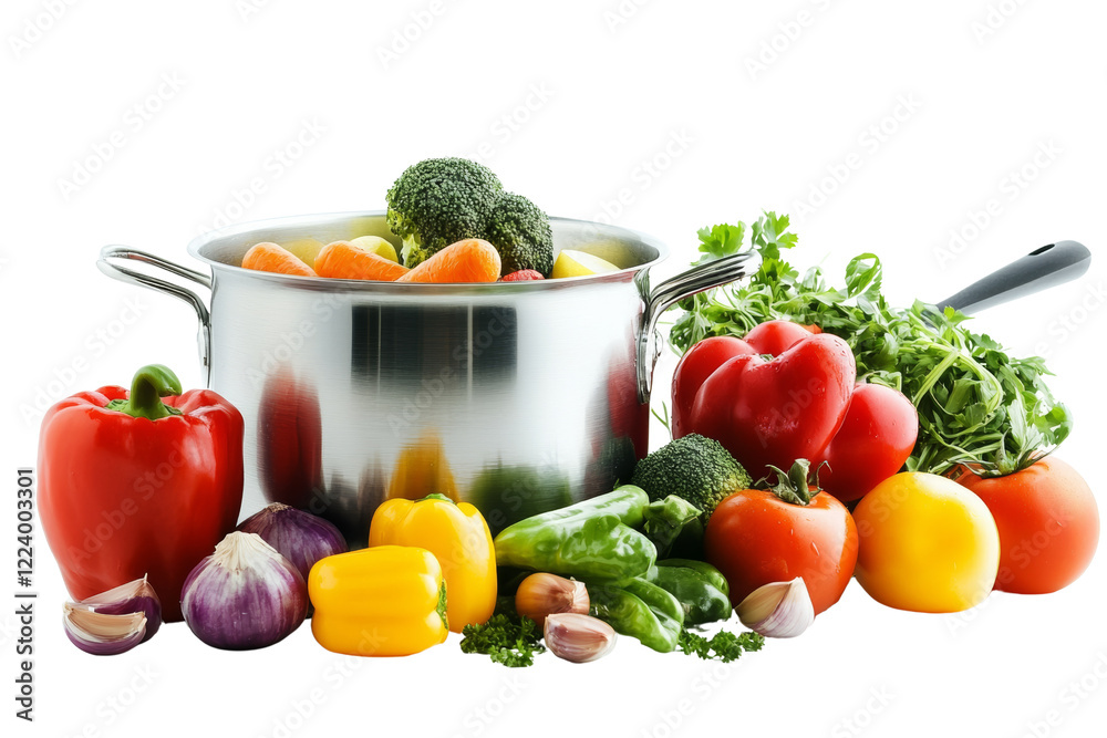A variety of fresh vegetables including peppers, tomatoes, and greens surrounding a stainless steel pot, perfect for healthy cooking inspiration. A variety of fresh vegetables including peppers, tomatoes, and greens surrounding a stainless steel pot, perfect for healthy cooking inspiration.