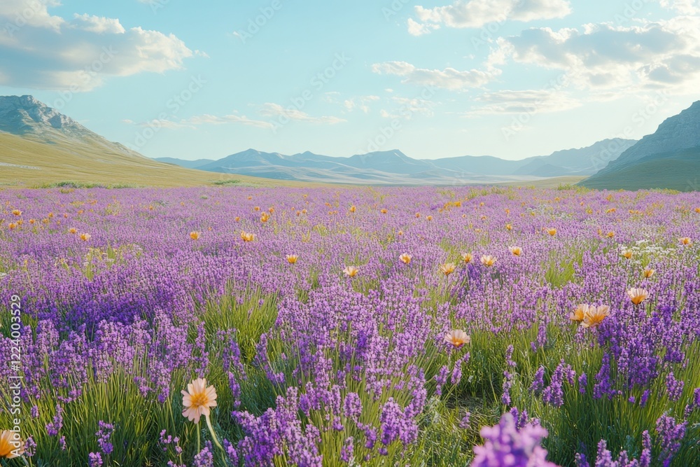 Obraz premium Serene Lavender Fields Extending Towards the Horizon with a Pastel Purple Glow